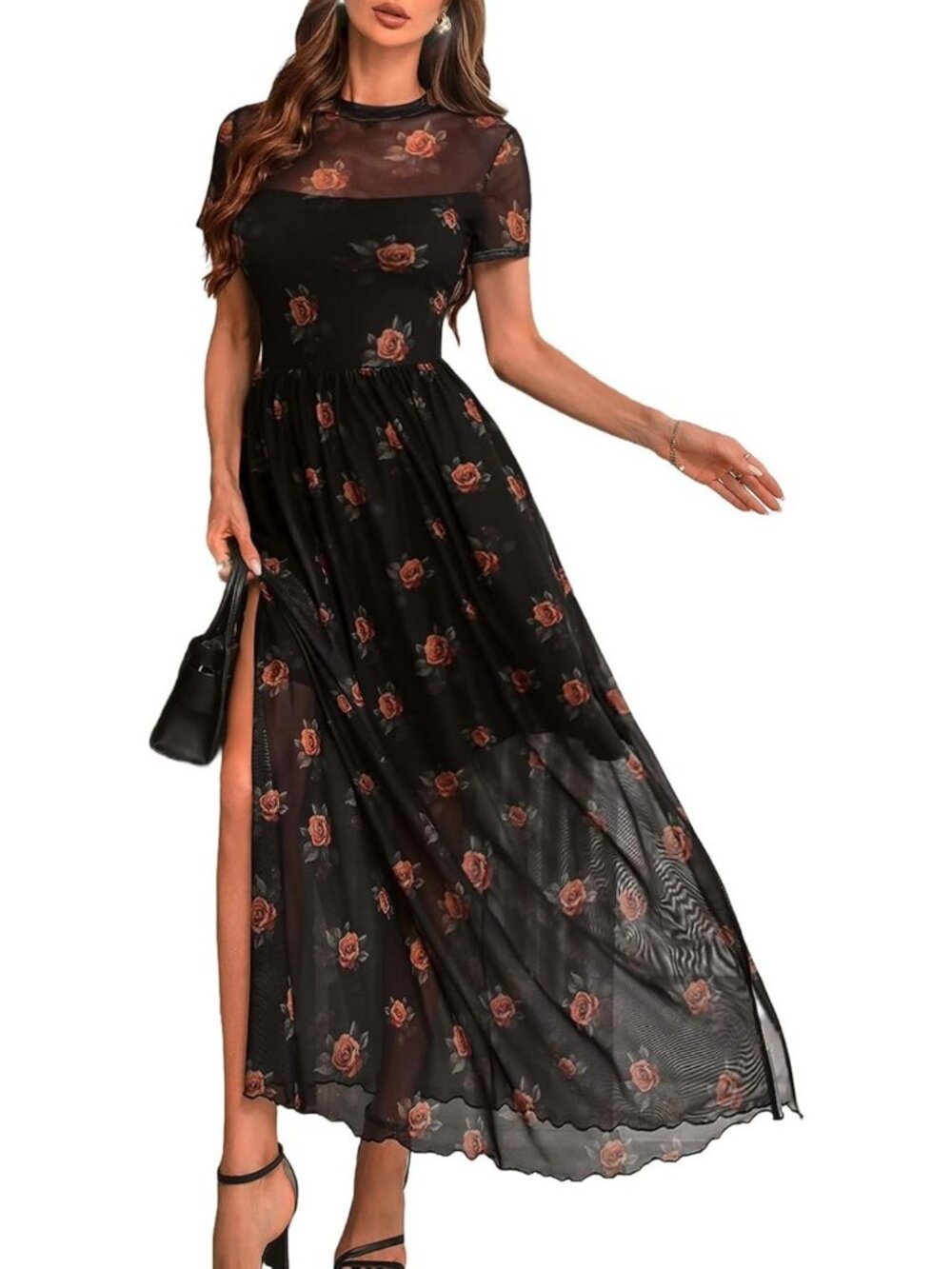 Floral Mesh Short Sleeve Maxi Dress for Wedding Guests | Goth Dark Style